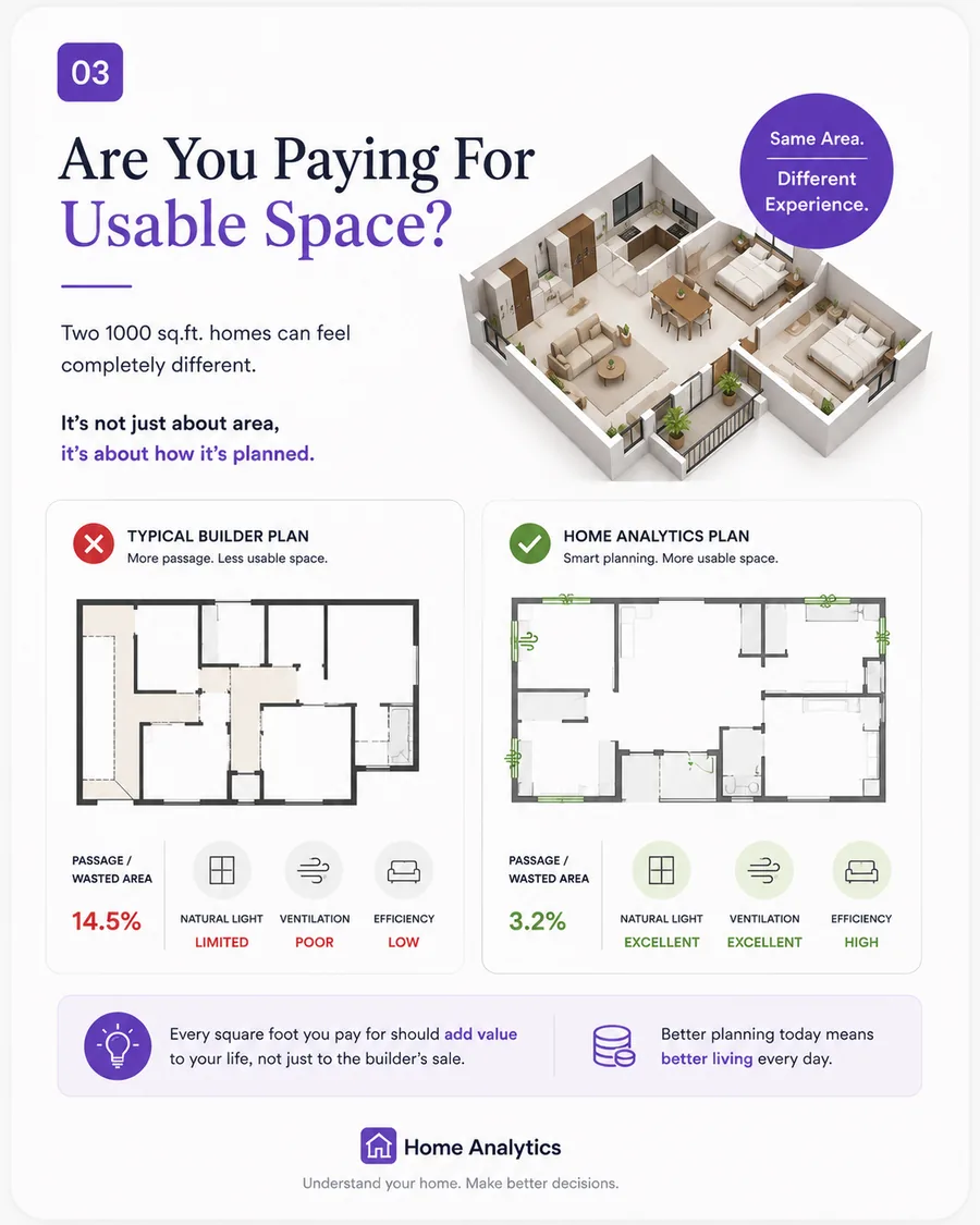 Are you paying for usable space? Two 1000 sq.ft. homes can feel completely different — it's not just about area, it's about how it's planned.